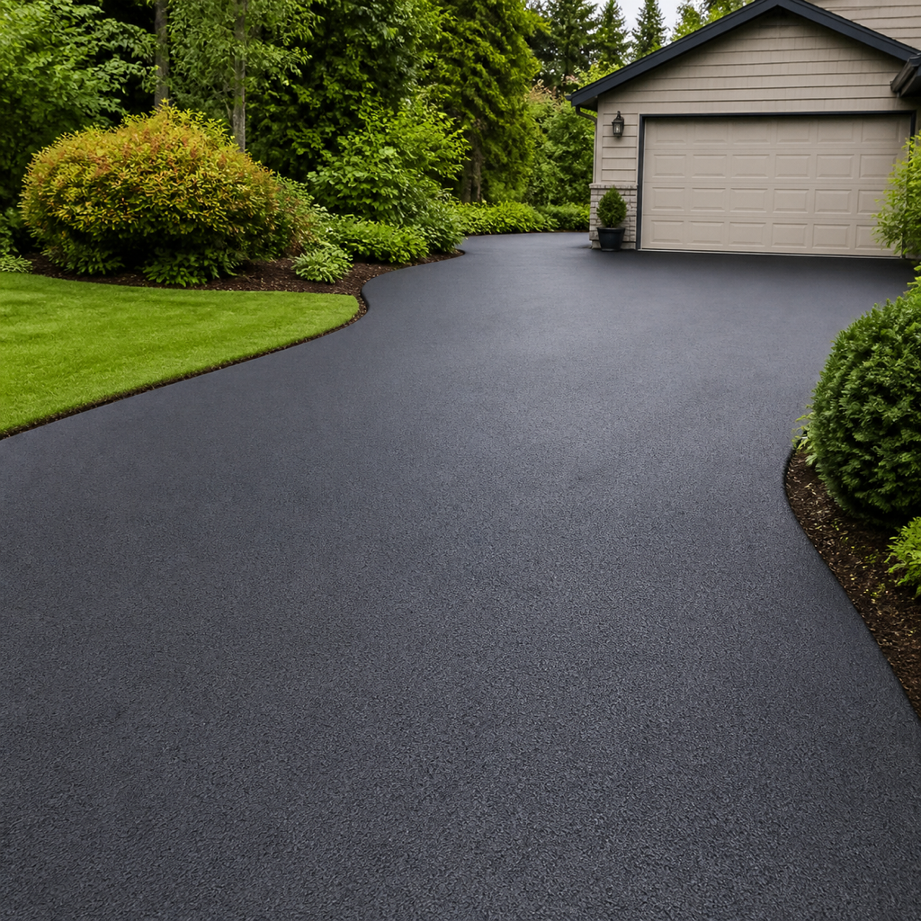 Northwest Oregon residential driveway with a finished matte asphalt sealer appearance