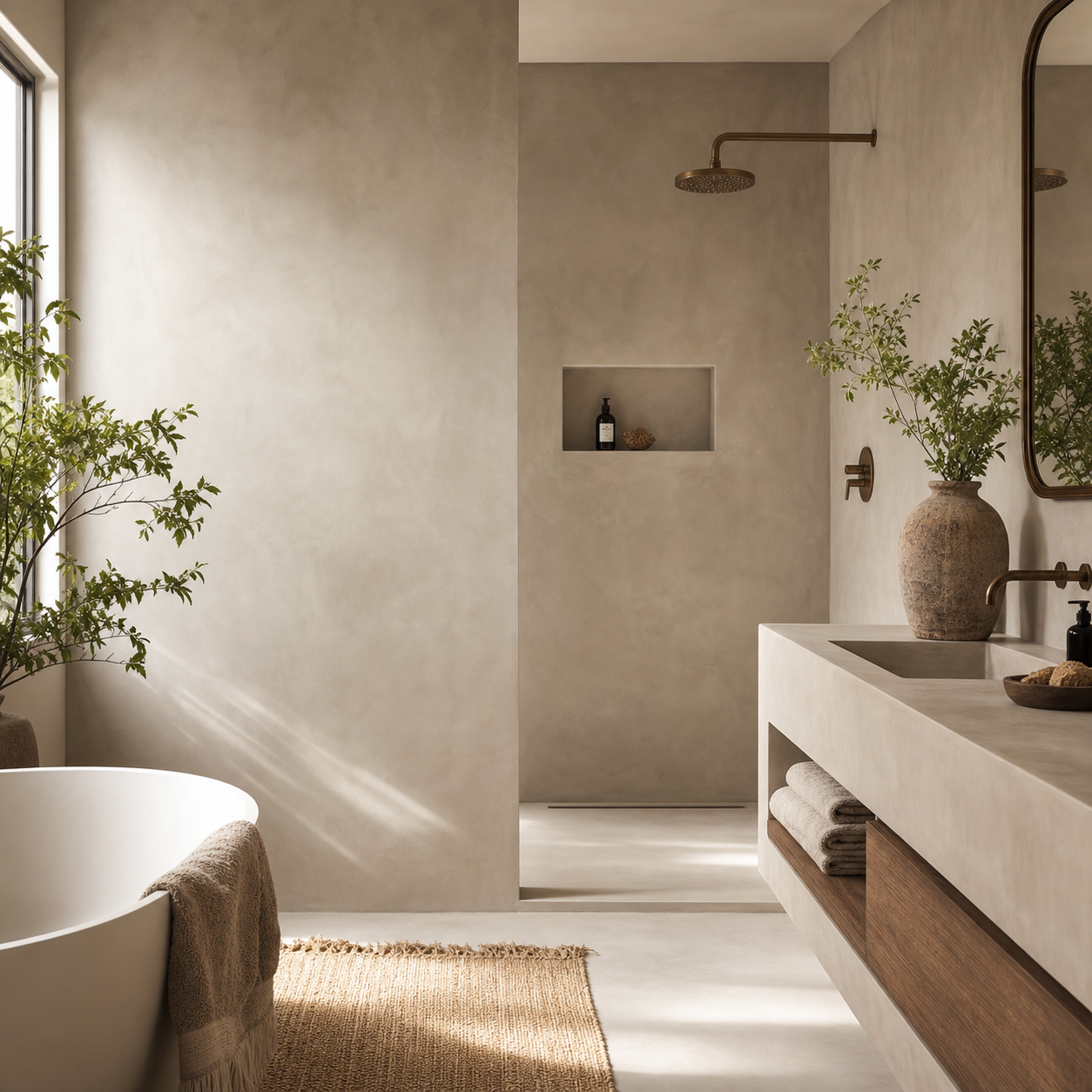 Warm seamless microcement bathroom